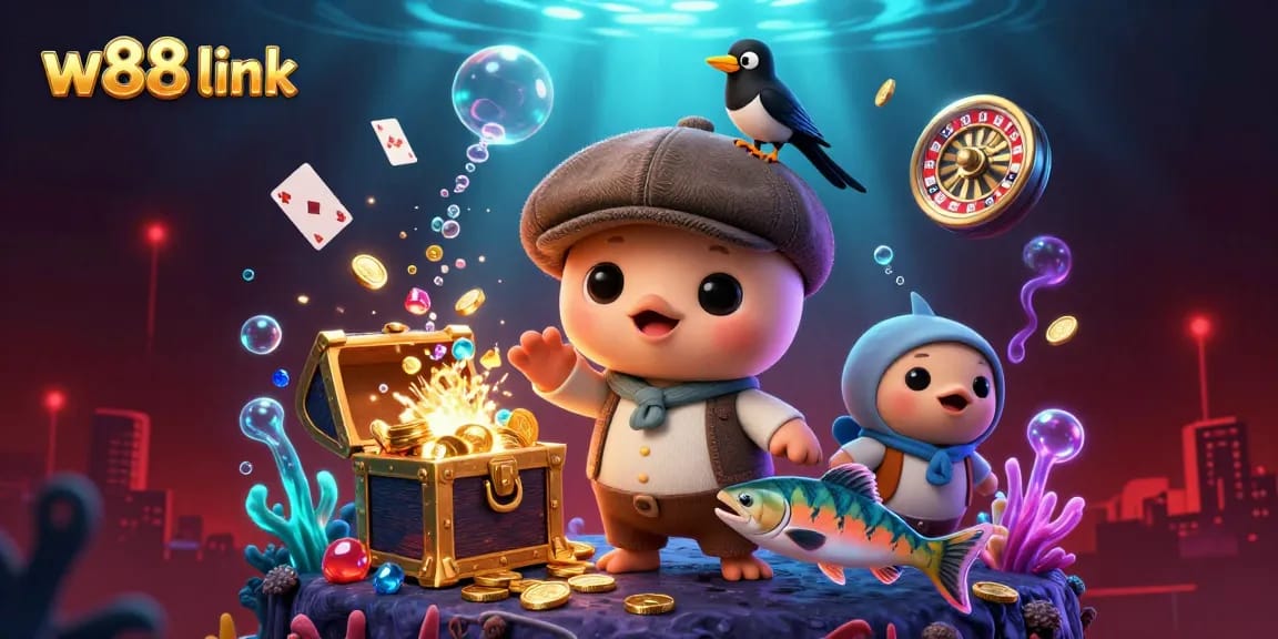 Experience the exciting w88 link world of online gaming with cartoon Nessie and casino elements in action.