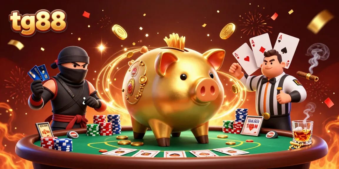 Experience thrilling gambling action with tg88's exciting 3D casino illustration featuring a golden piggy bank and poker elements.