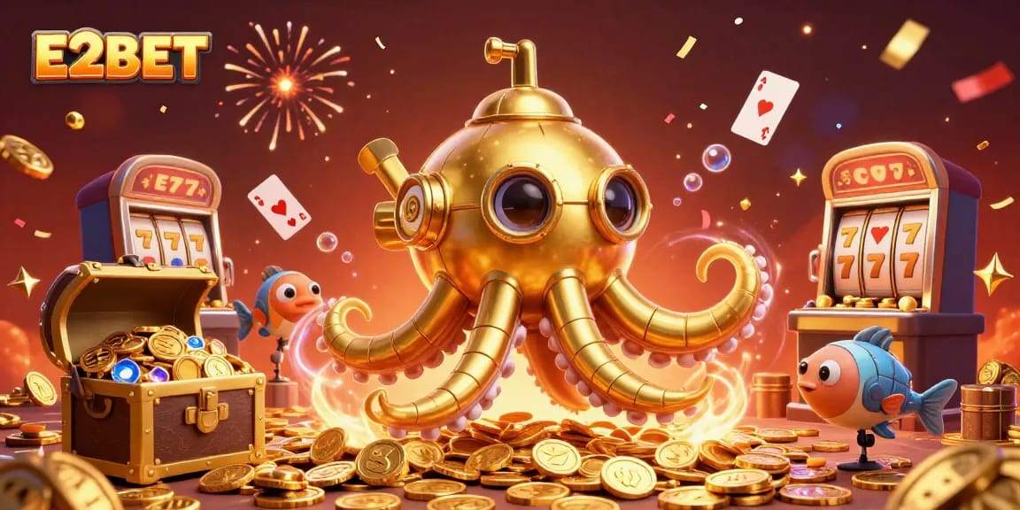 E2BET energizes the casino experience with a vibrant, golden kraken submarine diving into treasures and fun.