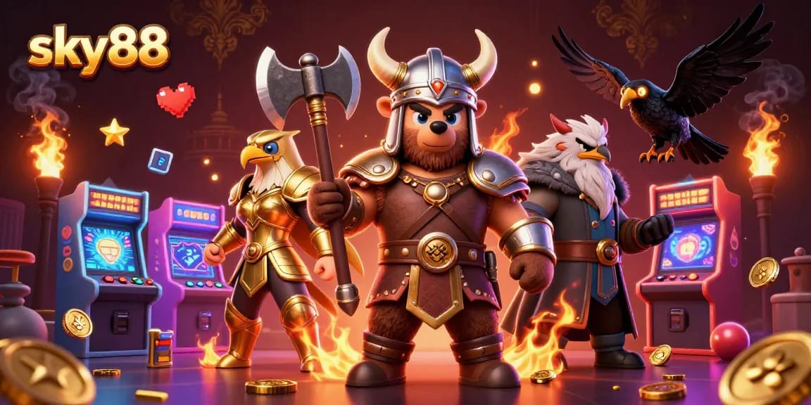 Experience the excitement of sky88 with breathtaking characters and vibrant gaming elements in this dynamic casino scene.