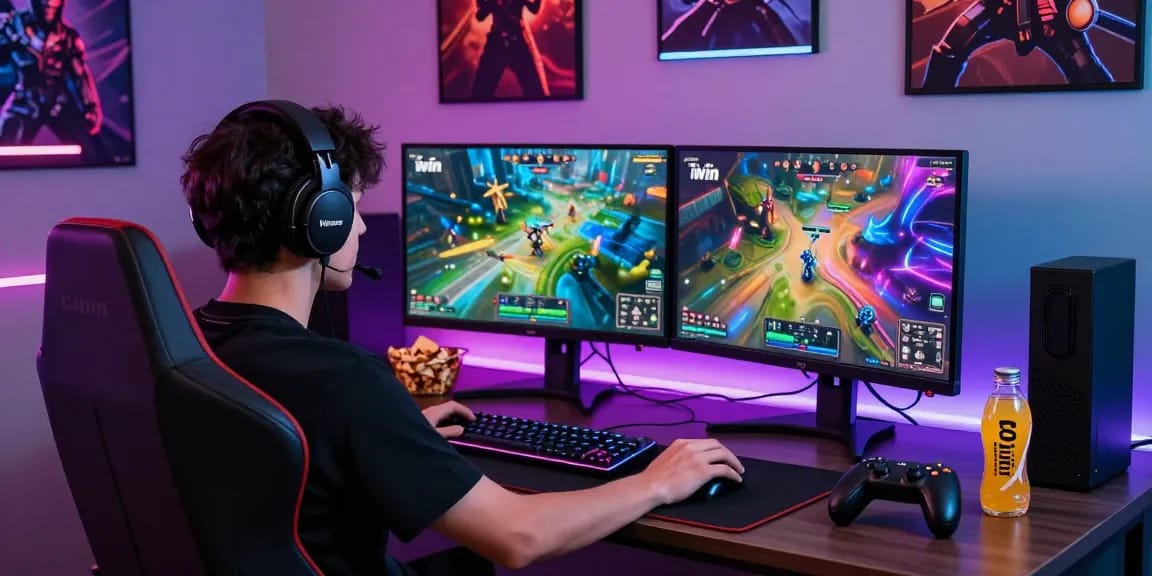 Gamer immersed in iwin games at vibrant online gaming setup.