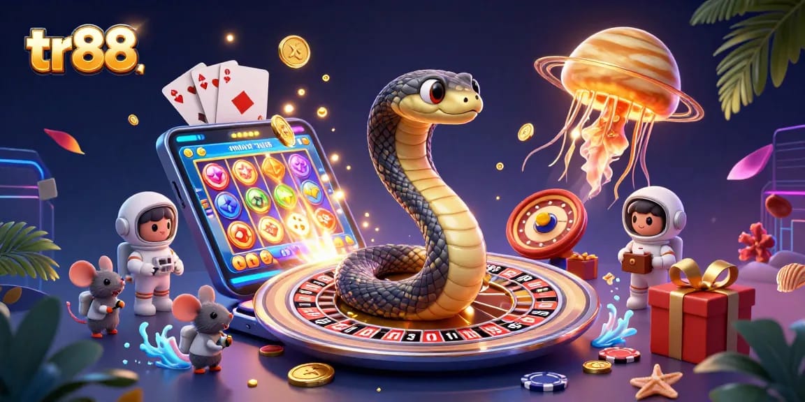 Engage in thrilling tr88 betting action with cartoon characters at a cosmic casino scene.