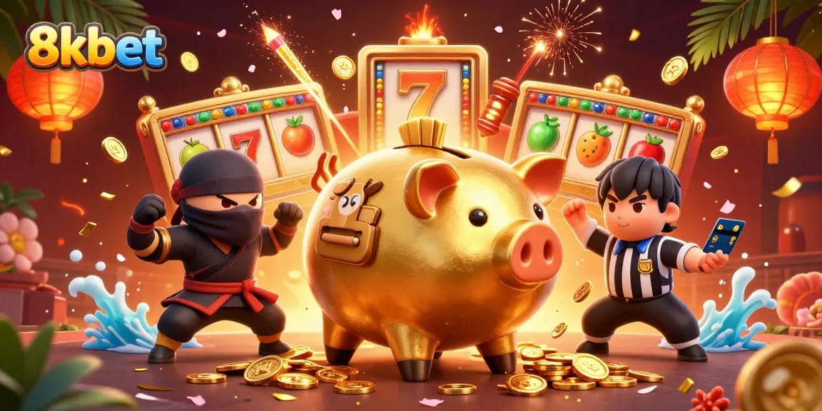 Engage in thrilling gameplay with 8kbet’s action-packed slots featuring golden piggy bank, ninja, and samurai elements.