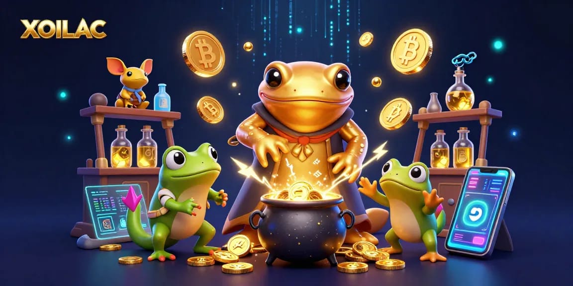 Experience the thrill of XOILAC gaming with a dynamic illustration featuring enchanted alchemists and crypto elements.