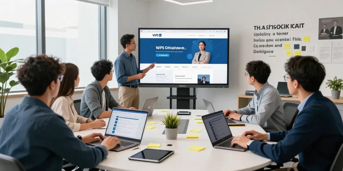 Dynamic collaboration around the WPS Official Website interface in a modern office setting.