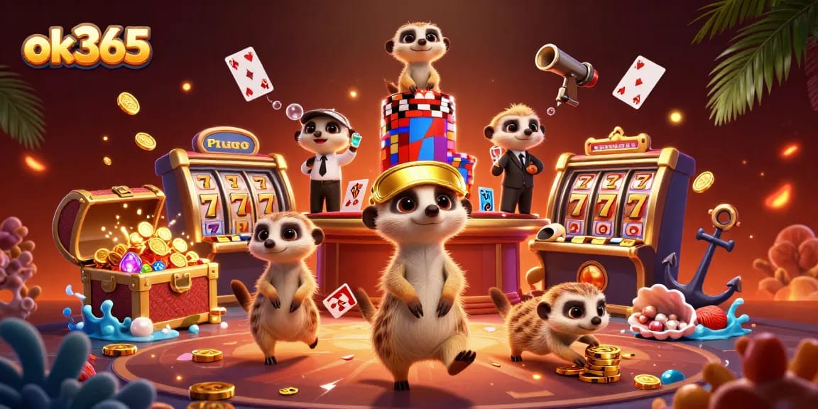 Join the action at ok365 as meerkats play slots and manage a vibrant casino scene filled with treasures.