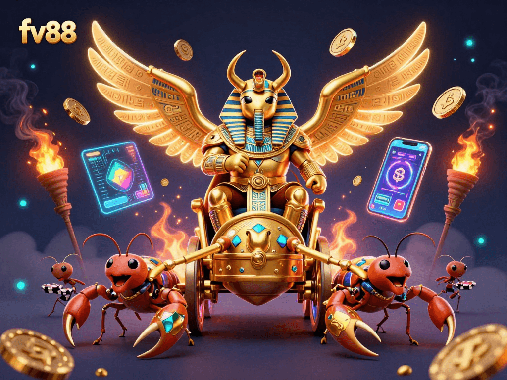 Engage with FV88's thrilling casino experience featuring vivid characters in a dynamic 3D setting.