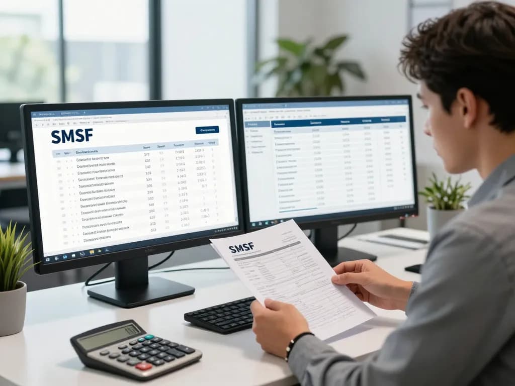 Investment-focused SMSF Accountant reviewing compliance documents at modern office desk.