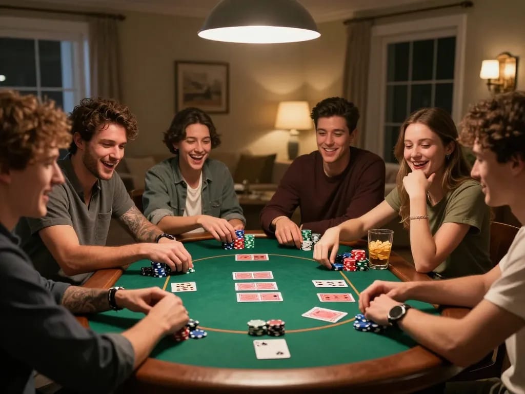 MM88 players enjoying a social poker night with vibrant chips and cards on the table.