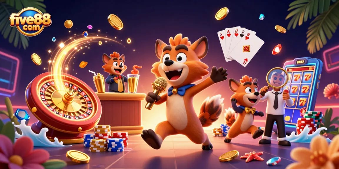 Experience the fun at five88 com with cartoon hyenas enjoying comedy and casino games!