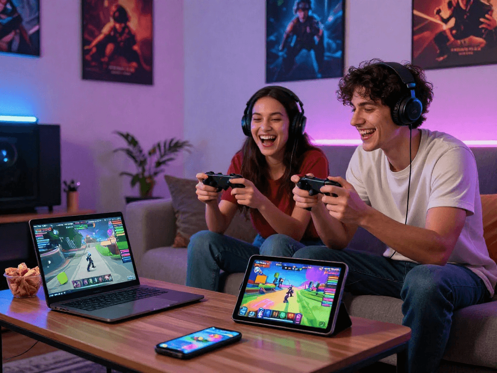 Engaging scene of players enjoying a sex game online on multiple devices in a cozy gaming setup.