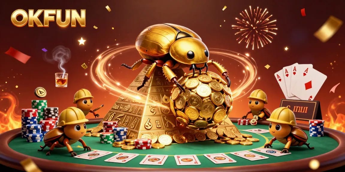 Experience the excitement of OKFUN with a vibrant casino scene, showcasing golden beetles and poker elements.
