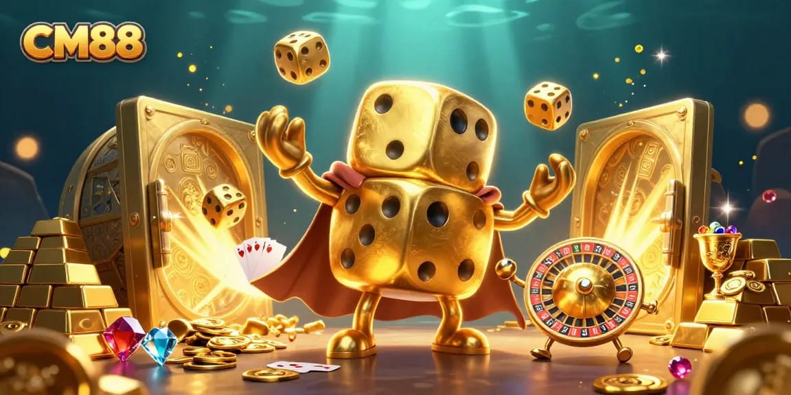 Experience thrilling gameplay at CM88 with a golden dice golem amid treasure and casino elements.