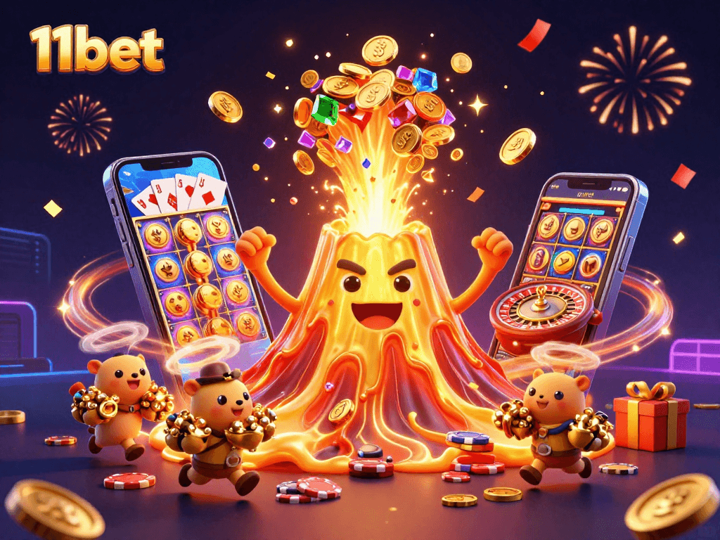 11bet celebrates thrilling wins with a vibrant 3D casino scene filled with gold and treasures.