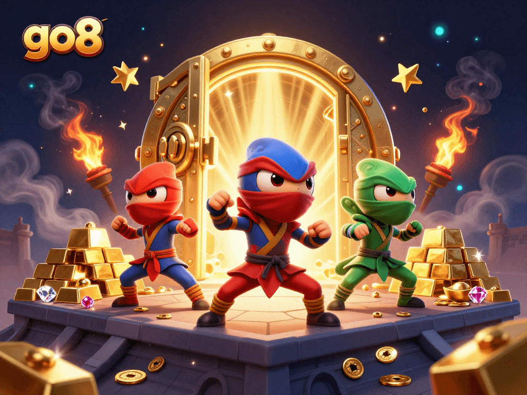 Experience thrilling action at go8 with a 3D chameleon ninja casino scene featuring vibrant treasures.