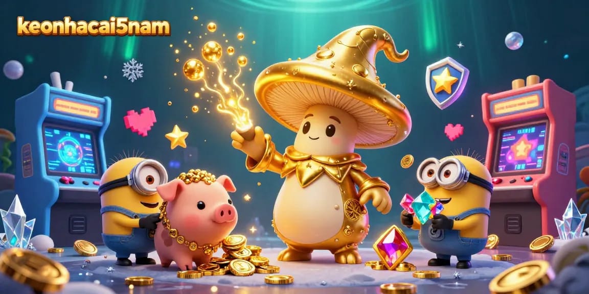 Engage with keonhacai5nam as a golden mushroom wizard creates treasure magic in an enchanting casino world.