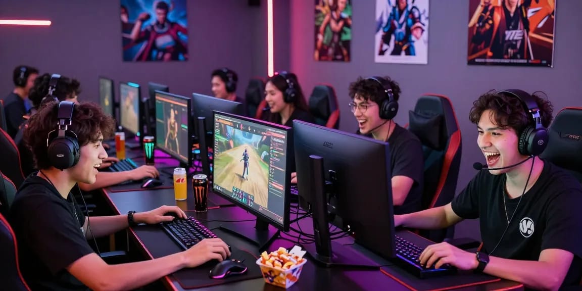 Exciting gaming tournament scene with players fully engaged in iwin competition.