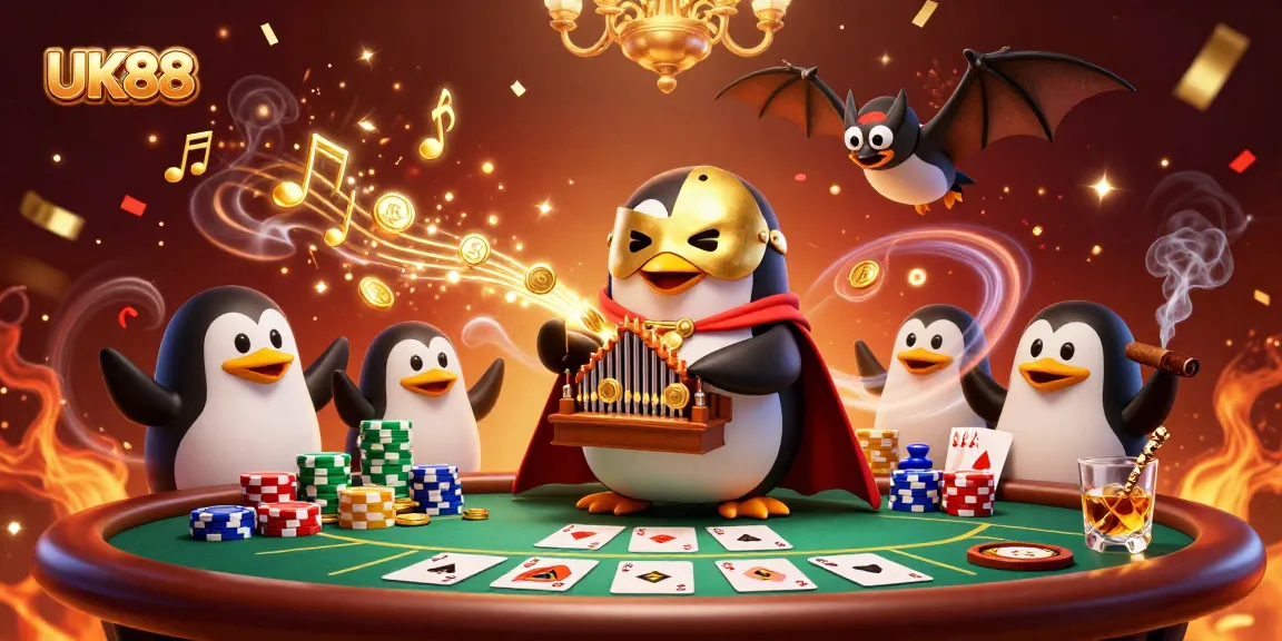 Experience thrilling gameplay with UK88's vibrant 3D casino scene featuring a penguin playing an organ.