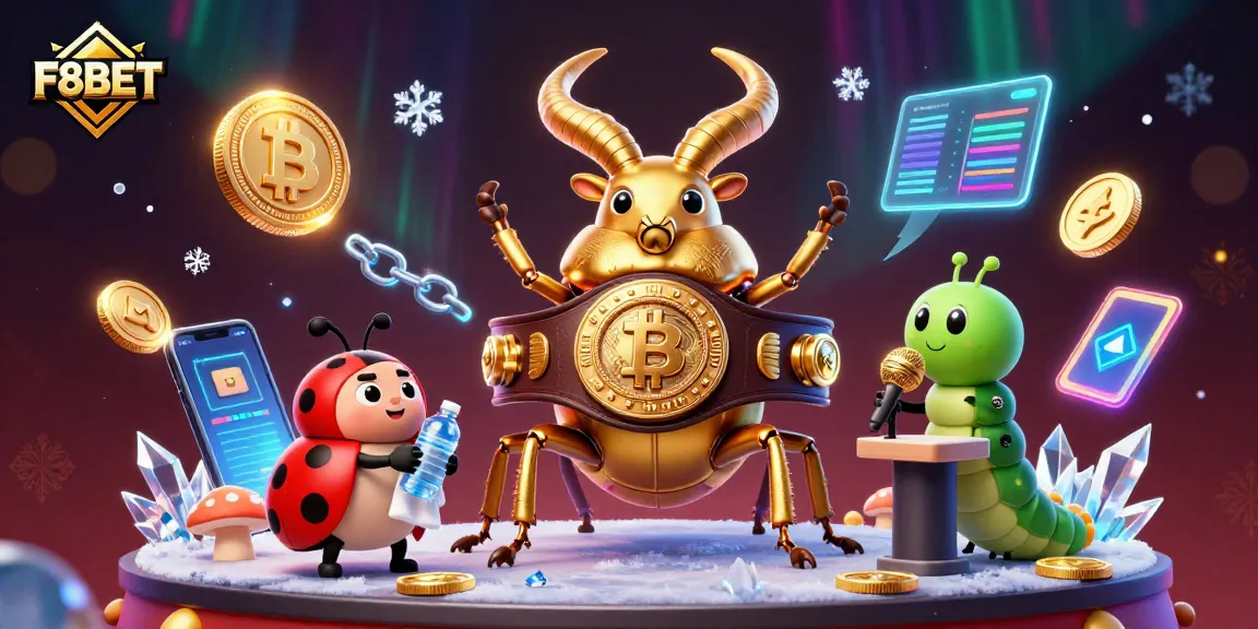 Engage with F8BET's vibrant casino scene featuring a boxing stag beetle amid crypto coins and dazzling effects.