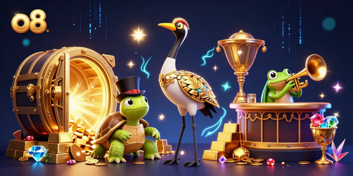 Play big at o8 with vibrant 3D characters celebrating casino wins amidst gold treasures and jewels.