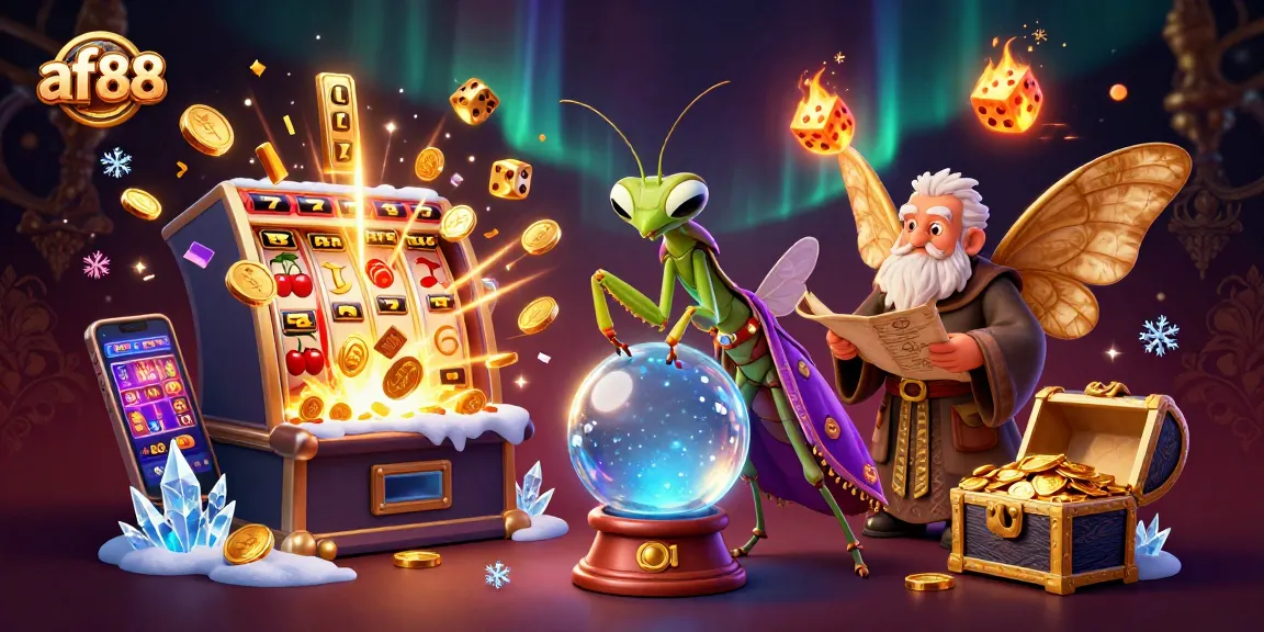 Spin the af88 slots with a dynamic scene of vibrant characters and casino icons in action.