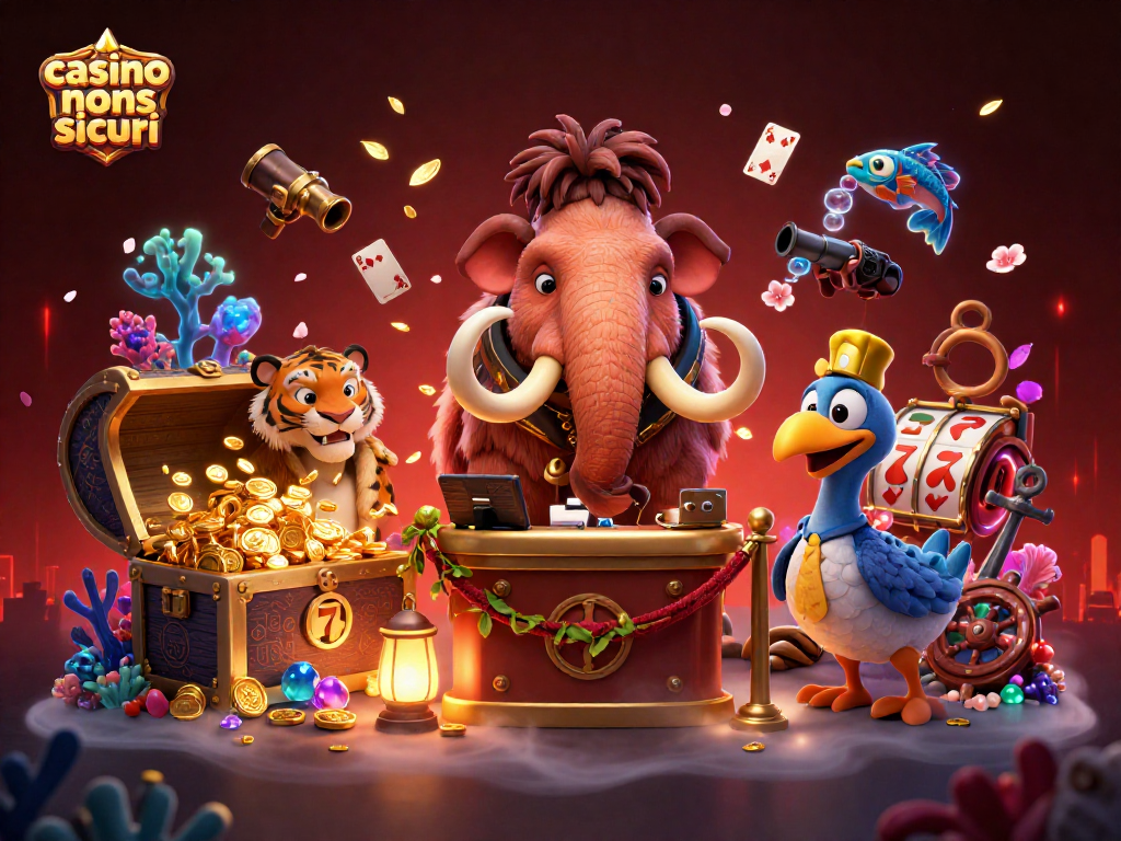 Gioca nei casinò non AAMS sicuri con un mammut bouncer e un tigre VIP in un'illustrazione vivace.
