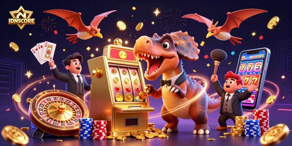 IDNSCORE brings excitement to gambling as a cartoon pachycephalosaurus hits a slot machine for jackpot coins.
