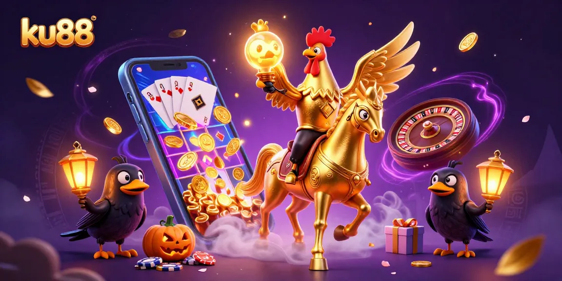 ku88 adventures: A golden rooster in a casino scene with glowing elements and dynamic gaming action.