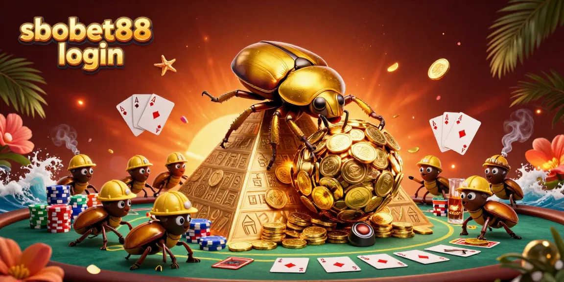 Sbo88 login features a golden beetle rolling coins, with vibrant poker elements and festive decor.