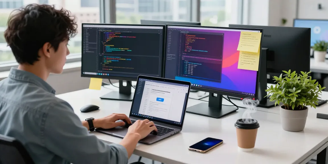Developer engaged in Telegram Download workspace with dual monitors, coding, and coffee.