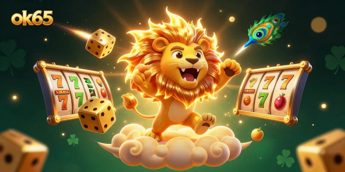 Engage with thrilling ok65 slots through dynamic symbols and a captivating sun lion illustration.