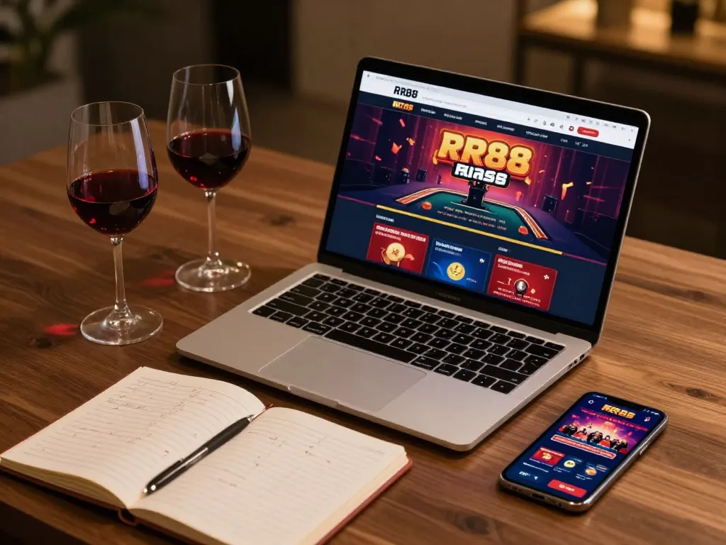 RR88 showcasing immersive online gaming experience on a laptop with elegant decor.