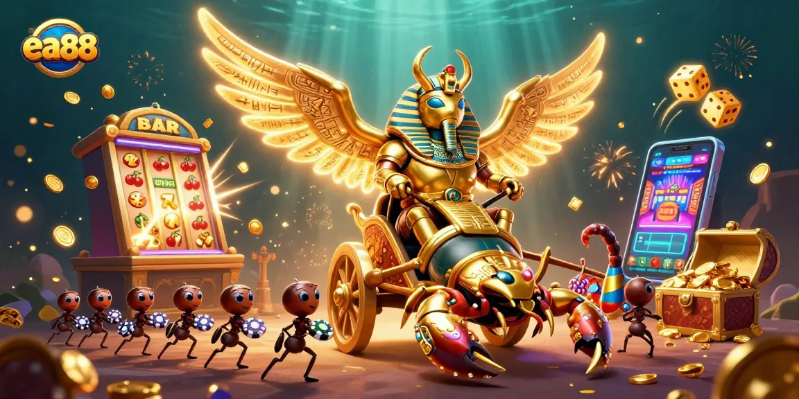 Engage with the thrilling world of ea88, featuring an impressive golden scarab beetle and dynamic casino elements.