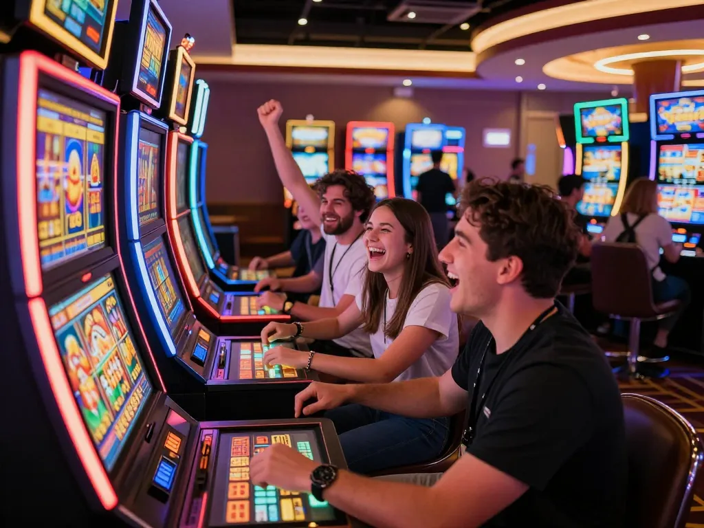 Players enjoying vibrant slot machines at gg88 com, celebrating wins in an exciting casino atmosphere.