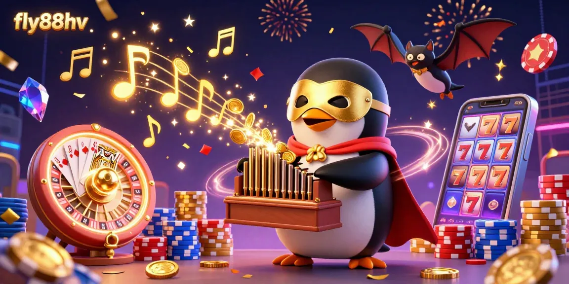 Engage with the fly88hv platform featuring a vibrant 3D casino scene with golden coins cascading and lively characters.