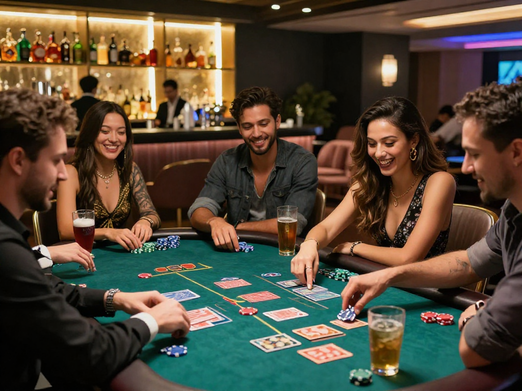Scene di gioco in un casinò non AAMS sicuri con giocatori sorridenti e atmosfera vivace.