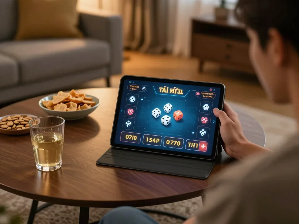 Player enjoying a lively tài xỉu online game on a tablet in a cozy living room environment