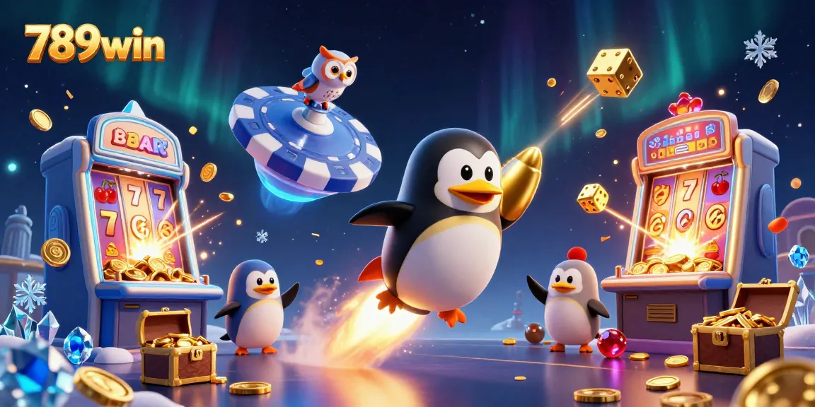 Join the excitement at 789win, where a golden penguin rockets to a sparkling casino!