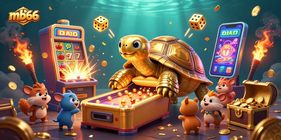 Spin the reels and win with mb66's captivating golden tortoise and dynamic slot machine scene.