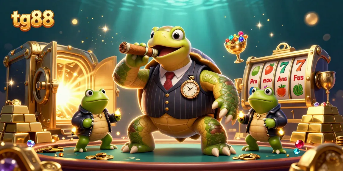 Tg88 casino illustration featuring a snapping turtle in a mobster suit and bullfrog enforcers surrounded by slot games and treasure.