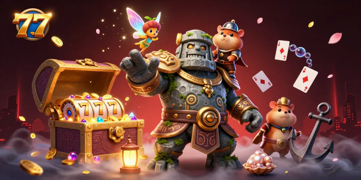 Experience the thrilling 777 jackpot adventure with a golem guardian and magical fairy in action.