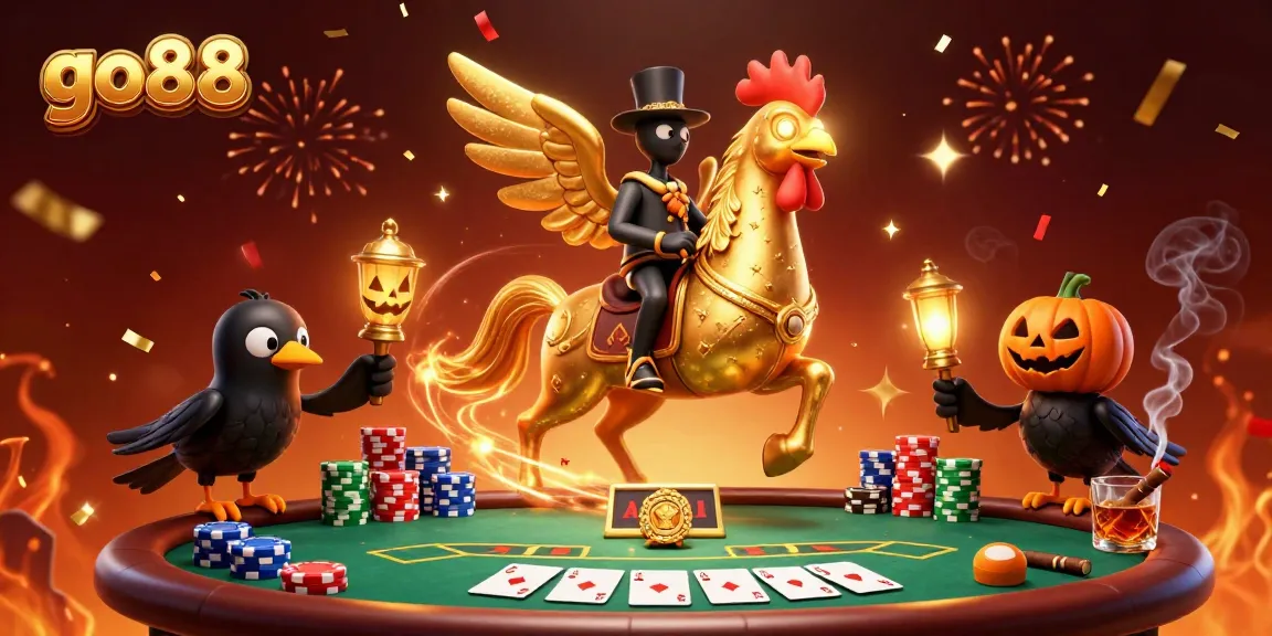 Experience the thrilling go88 casino adventure with a golden rooster, poker chips, and festive fireworks.