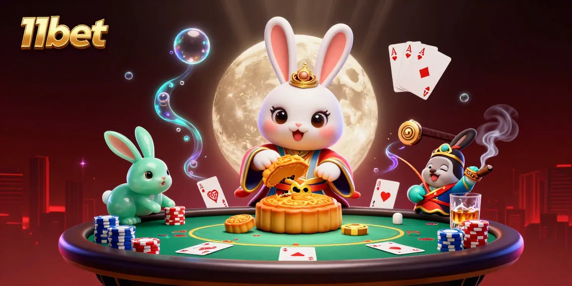 Engage with 11bet in a vibrant 3D scene featuring folklore characters and poker elements.