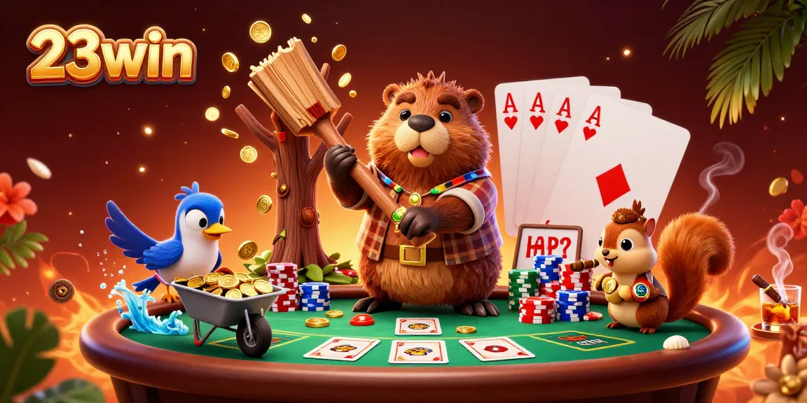 Experience thrilling gambling at 23win, featuring a whimsical scene of a beaver collecting golden coins.