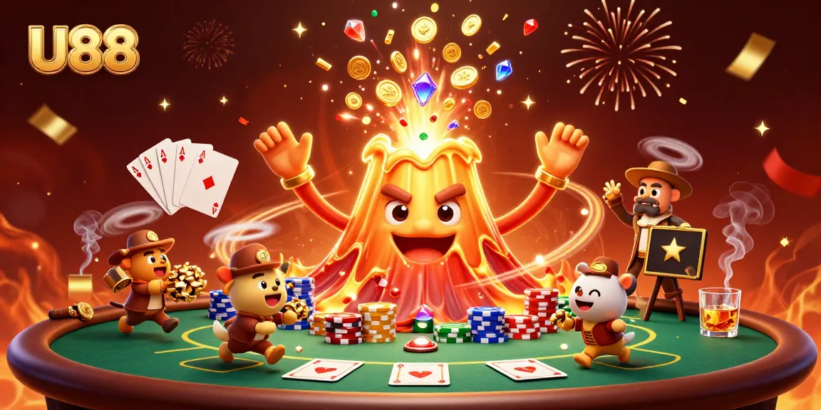U88 showcases a triumphant volcano and treasure-seeking animals in a vibrant poker scene.