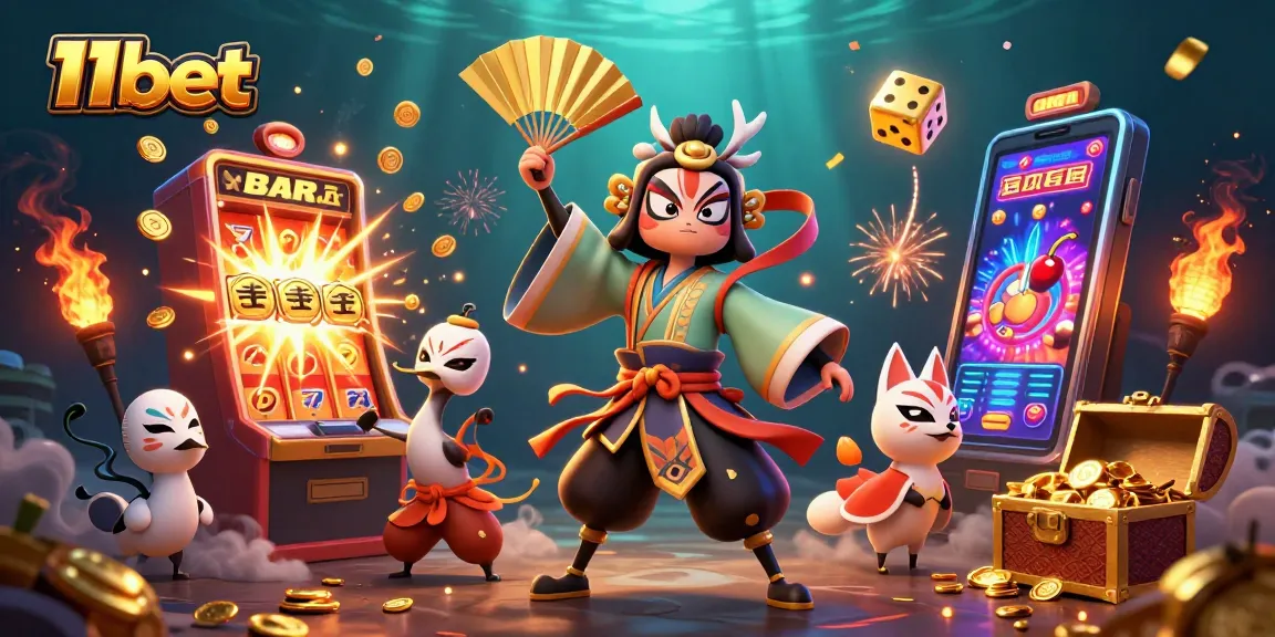 Engage with 11bet's vibrant 3D casino themed art featuring kabuki elements and an exciting slot machine.