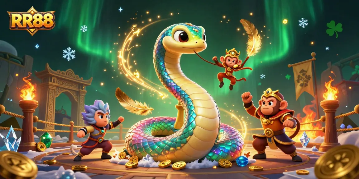 Experience the vibrant magic of RR88 with an iridescent rainbow serpent and golden monkey king in an exciting casino scene.