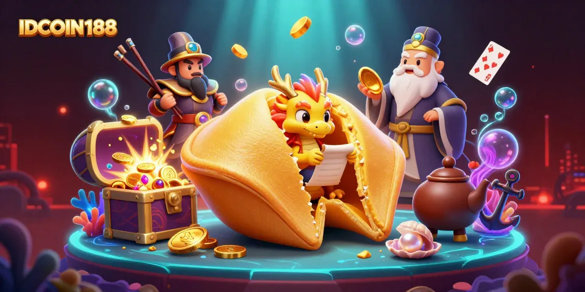 IDCOIN188 brings luck as dragon reads fortune from golden cookie while coins and gems explode