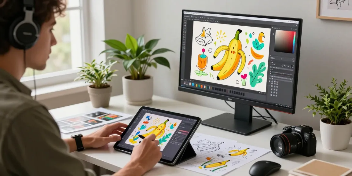 Creative workspace featuring an artist using nano banana AI on a digital tablet with vibrant artwork.