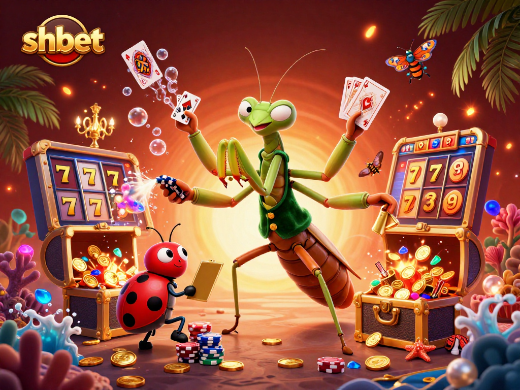 Experience shbet action with a lively mantis card sharp and ladybug pit boss in an exciting casino scene.